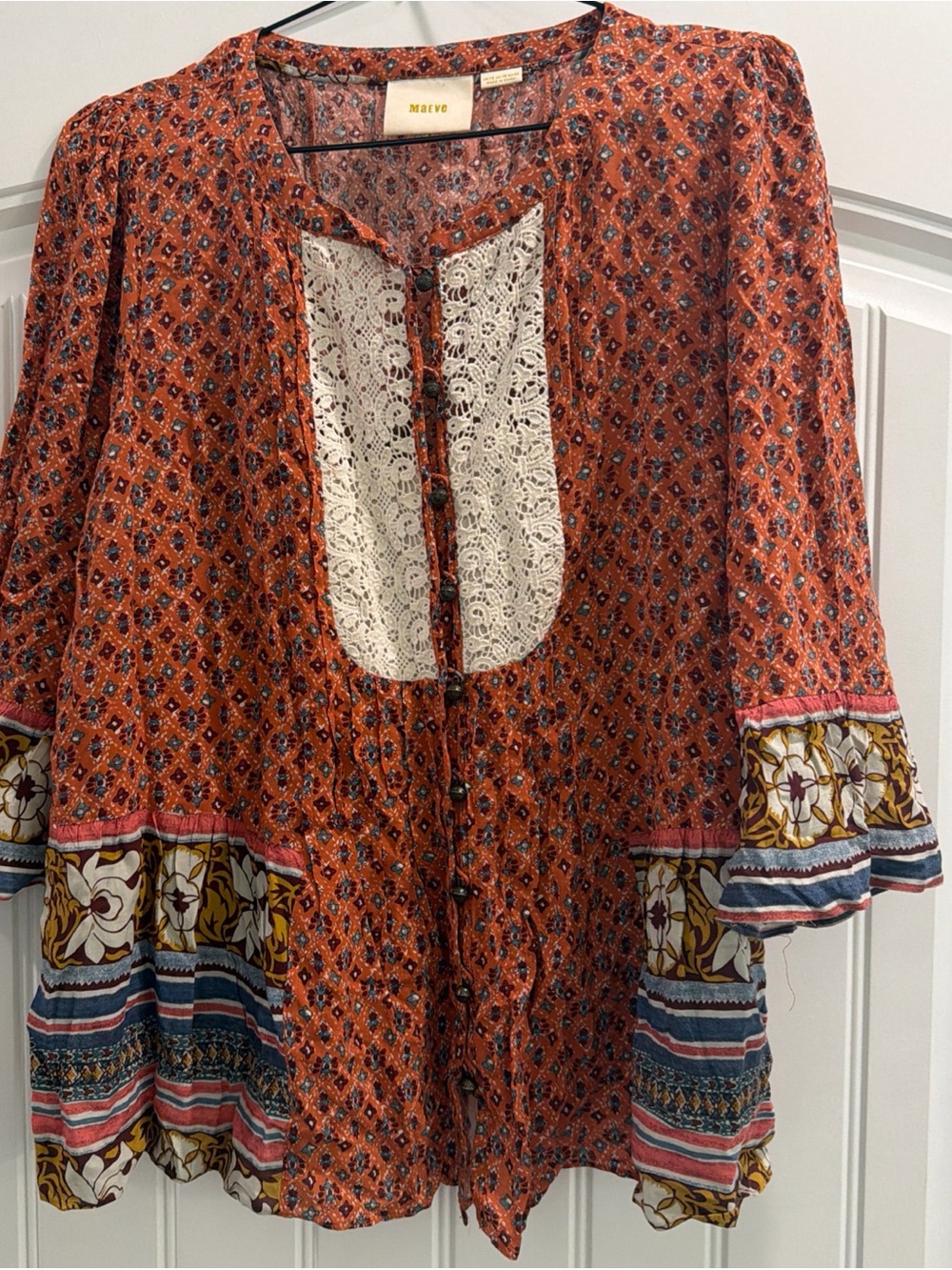 Maeve Anthropologie Rust Printed Boho Tunic with Cream Lace Bib size 12 women’s